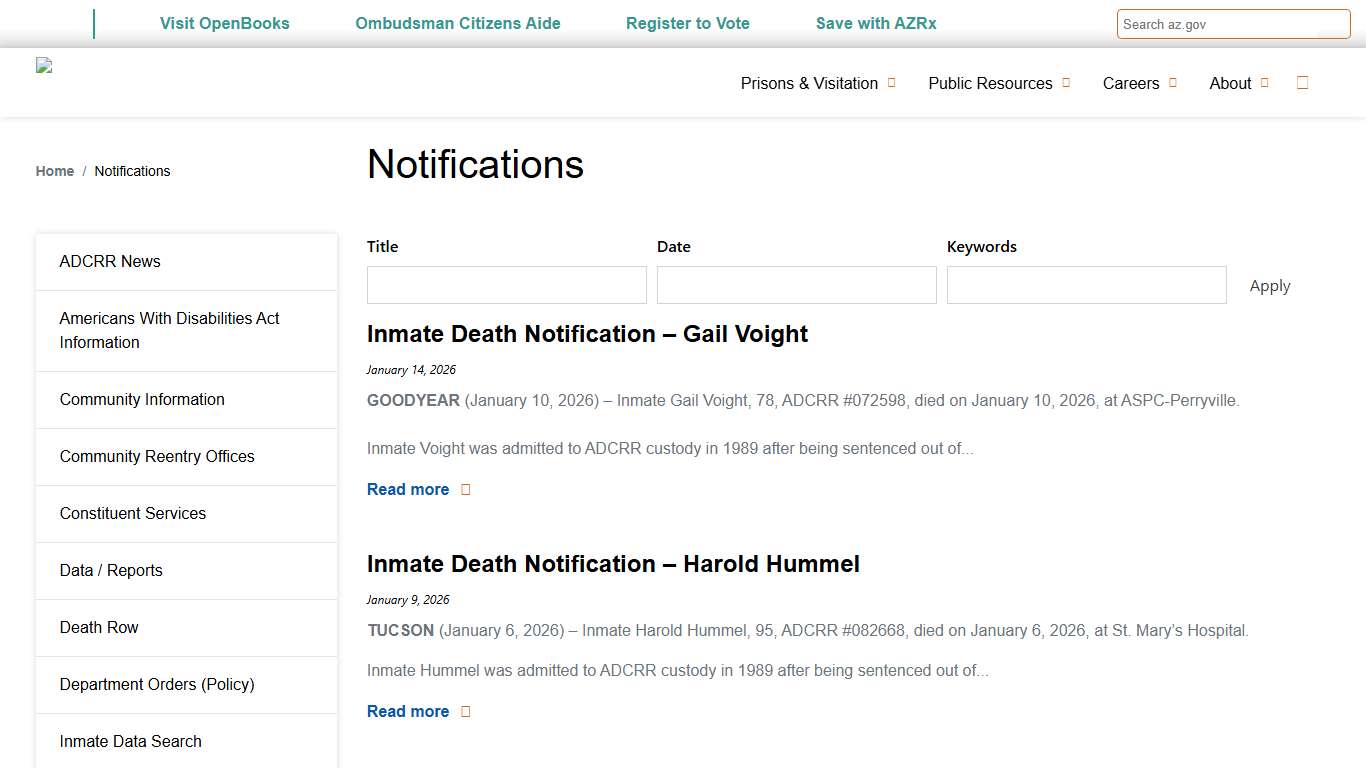 Notifications | Arizona Department of Corrections, Rehabilitation & Reentry